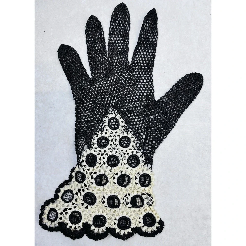 Antique Crocheted‎ Lace Gloves Two Tone Brown Cream Edwardian Small